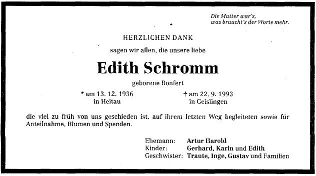 Bonfert Edith 1936-1993 Todesanzeige